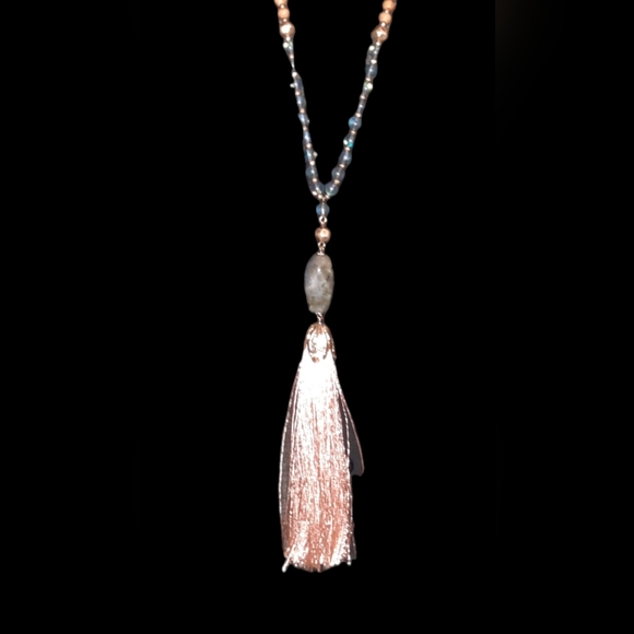 Labradorite, frosted glass gemstone tassel necklace wood beads adjustable signed - Picture 14 of 15